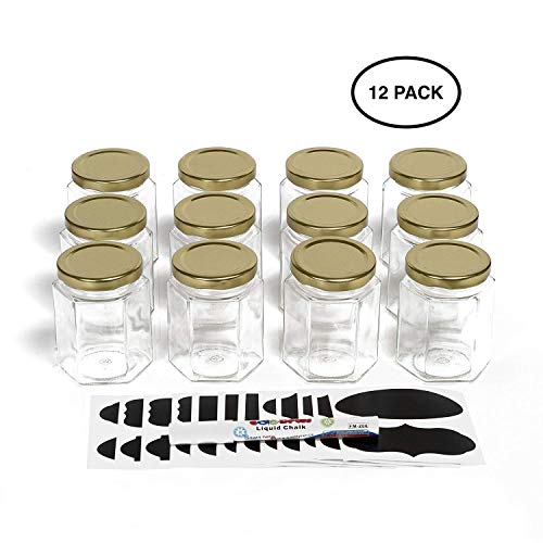 Hexagon Glass Jars by Nellam - 6oz, 12 Pack with 24 Chalk Sticker Labels and Chalk Pen - DIY Jars for Canning, Party and Wedding Favors, Jams, Sauces, Herbs, Spices. (Gold Lid - 12 Pcs) - Thumbnail 7