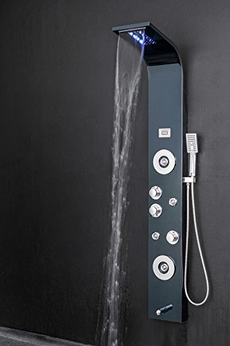 Firebird 63" Rainfall Waterfall Black Finish Stainless Steel Multi-Function Bathroom Shower Panel System w/ LED Head Jets Handheld Wand