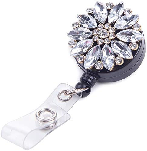 Retractable Badge Holder, Badge Reel, ID Badge Holder Reel Clip Retractable with Bling Rhinestones Flower for Nurse (White)