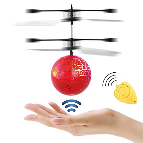 Diswoe RC Flying Ball Drone,Infrared Induction Helicopter Rainbow Shinning LED Lights,Colorful Disco Ball Drone,Rechargeable Light up Sensor RC Flying Toy Kids Adults (Red)