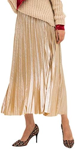Amormio Women's Glittery Gold/Silver High-Waist Metallic Accordion Pleated Formal Party Maxi Skirt