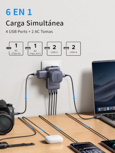 UGREEN 6 EN 1 Adaptador Enchufe Universal Viaje PD 45W 2 Tomas AC 2 USB C 2 USB A Cargador Adaptador Universal Tipo A I G C E K para EU UK USA Canadá Australia Tailandia Japón China