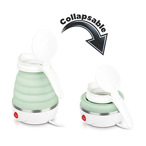 Travel Foldable Electric Kettle - Dry Protection, Keep Warm & Convenient Storage Outdoor Camping Teapot , 0.6 Liter ,100-240V 850 Watt - Green and White