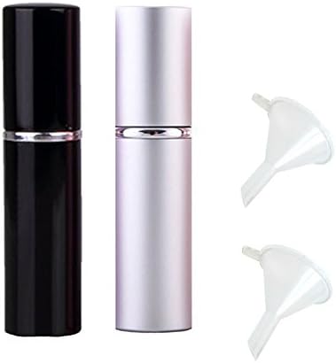 Glitterymall Pack of 2 Black and Silver Color 10ml Portable Refillable Perfume Fragrance Scent Aftershave Atomizer Empty Spray Bottles with 2 Funnel Filler for Travel Purse Party Wedding