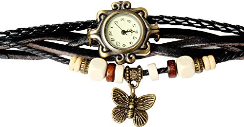 Bohemian Style [Retro] Handmade Leather [Butterfly Pendant] Wrist Watch. Beautiful, Fashionable [Luxury] & Stylish [Weave Around] Wrap Watch Bracelet For Women, Ladies, Girls- Black - Thumbnail 2