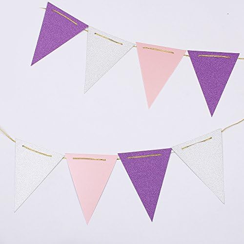 ZOOYOO 10 Feet Purple, Pink, Silver Glitter Pennant Banner, Paper Triangle Flags Bunting for Baby Birthday Party, Wedding Decor, Baby Shower, 15pcs Flags, Pack of 2