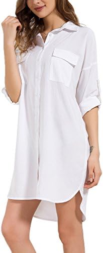 Women’s Shirt Dress Long Sleeve Loose Button Down Swing Dress Knee Length 033 (White, L)