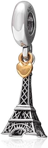 Hoobeads The Paris Eiffel Tower Charm Beads with Golden Heart Authentic 925 Sterling Silver Dangle Pendant