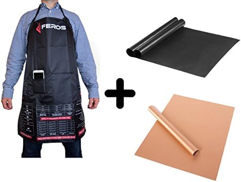 FEROS KIT - (5 Items!) FEROS Cheat Sheet BBQ Apron + 4 Mixed Grilling Mats - 2 Non-Stick Baking Mats &amp; 2 Copper Mats FDA-Approved, Reusable and Easy to Clean