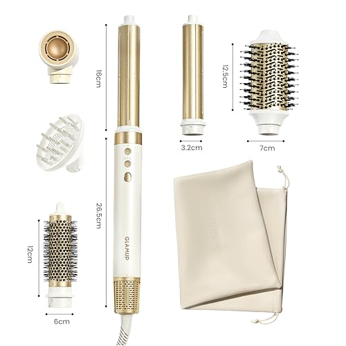 GLAMUP Dual Voltage 6-in-1 Hot Air Styler & Hair Dryer Brush, Long-Lasting & No Heat Damage, Patented Golden Temp, 110K RPM & Negative Ions for Frizz-Free Fast Drying, Curling, Volumizing & Diffusing, for Curly & Thick Hair,Gift Set