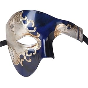 Luxury Mask Men's Phantom Of The Opera Half Face Masquerade Mask Vintage Design, Blue/Silver, One Size