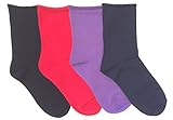 K. Bell Women's Relaxed Roll Top Crew Socks, 4 Pair (Navy Blue/Purple/Black/Red)