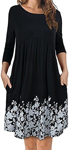 Womens Dresses,YKA Girl Long Sleeve Floral Pleated Swing Dress With Pockets Loose Skirt For Ladies (XL, Black)