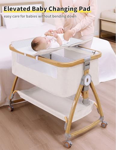Baby Bassinet, Bedside Bassinet for Baby, 4 in 1 Portable Bedside Sleeper with Wheels Mosquito Net & Storage Basket, 6 Height Adjustable Rocking Bassinet for Newborn Baby