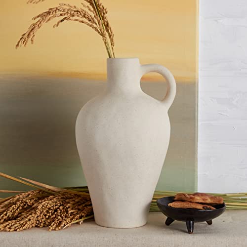 BlossoME Antique Ceramic White Vase for Home Decor, Stoneware Jug for Room Centerpiece, Rustic, Farmhouse and Vintage Pottery Gifts, Matte, with Handle-Height 10”