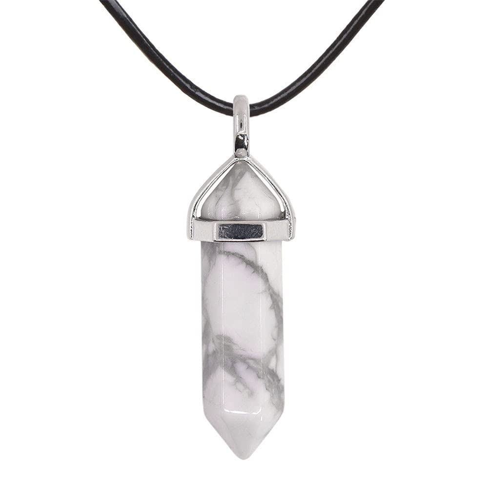 Justinstones Natural White Howlite Hexagonal Pointed Reiki Chakra Pendant Necklace, 18" Leather Cord, 316L Stainless Steel Connector Clasp โ image 1