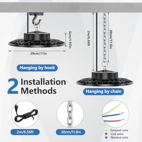 TOPAUBUB 200W UFO LED Interior Ceiling Spotlights, 4 Pieces, LED Ceiling Lamps 20000LM IP65 6500K with Metal Chain 30 cm, Driver, Industrial Spotlight for Garage