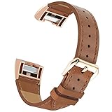Simpeak Compatible for Fitbit Charge 2 Leather band, Genuine Leather Replacement Strap Band for Fit bit charge 2 Wristband Accessories for Fitbit Charge 2 Smart Watch,Dark brown Band/Rose gold Adaptor