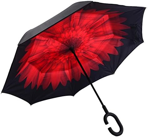 Windproof Umbrella Reverse Folding Double Layer Self-standing Umbrella with C-shaped Hand Free Handle for Travel and Car (GS-UKUM-Redflower)
