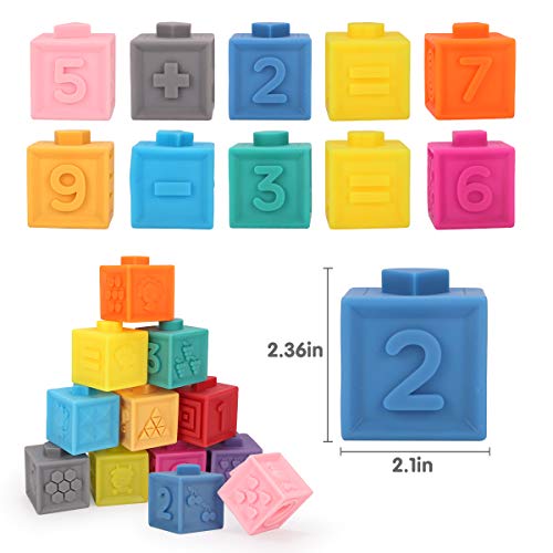 GILOBABY 12 PCS Baby Soft Blocks Set, Toddler Silicone Building Blocks Squeeze Stacking Toys with Animal Shape Fruit Number, Ideas Educational Toy Birthday for Baby Toddler Children