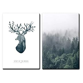 2 Panel Canvas Wall Art - Double Exposure Style Deer and Forest - Giclee Print Gallery Wrap Modern Home Art Ready to Hang - 16"x24" x 2 Panels
