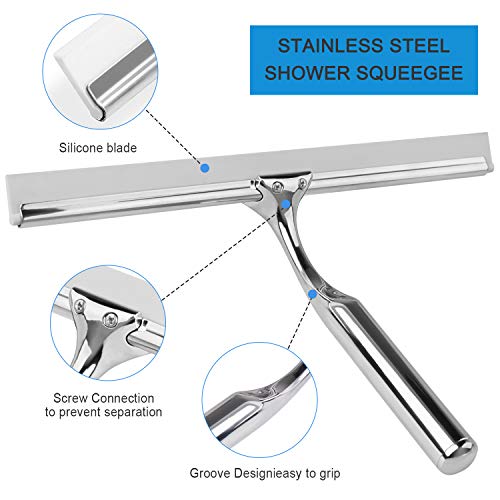 LUXEAR Shower Squeegee Chrome Plated Stainless Steel Squeegees with Hooks Holder 1 Replacement Silicone Blade All-Purpose Squeegee for Shower Doors Bathroom Window and Car Glass 10-Inch