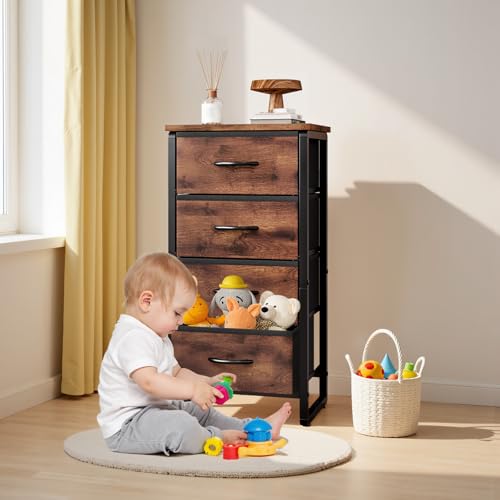 Cómoda Cajonera para Recámara con 4 Cajones de Tela, Parte Superior Impermeable, Estructura Metálica Resistente, Mueble Organizador de Almacenamiento para Dormitorio, Sala o Pasillo(Marrón Rústico)