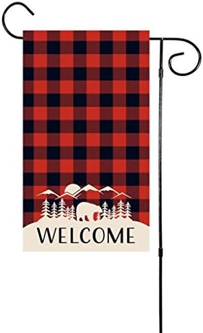 Buffalo Red Black Check with Bear Welcome Garden Flag 12โx18โ