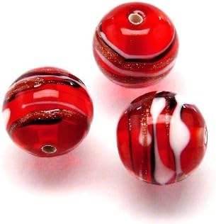 1pc Czech Glass Lampwork Beads Round 10 mm Ruby decorated black, aventurine and white stripes