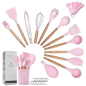ZCOINS-141-PC-Silicone-Cooking-Utensils-Set-with-Wooden-Handles-Holder-Kitchen-Gadgets-Kitchen-Tool-Set-Gift-Pink ZCOINS 18+1 PC Silicone Cooking Utensils Set with Wooden Handles & Holder, Kitchen Gadgets, Kitchen Tool Set Gift (Pink)