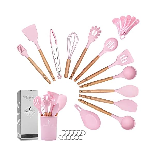 ZCOINS 18+1 PC Silicone Cooking Utensils Set with Wooden Handles & Holder, Kitchen Gadgets, Kitchen Tool Set Gift (Pink)
