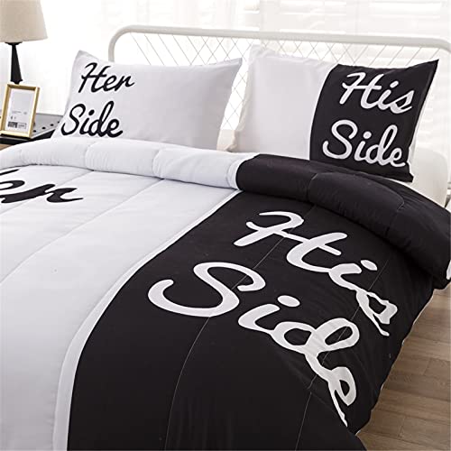 Black White Comforter Set Queen Her Side His Side Printed Bedding Solid