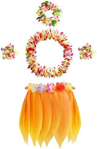 PIXHOTUL Leaf Hula Skirt with Hawaii Leis Grass Skirt and Artificial Hibiscus Flowers Costume for Beach Hawaiian Luau Tiki Party ( Color 4 )