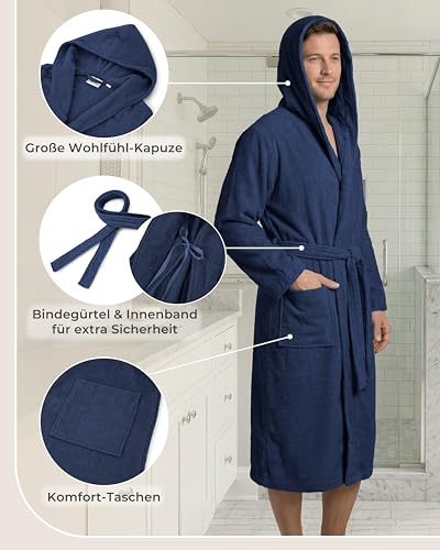 LAYNENBURG Men's Terry Towelling Bathrobe Made of 100% Cotton – Oeko-Tex Standard – Soft Dressing Gown Calf Length with Hood, Tie Belt and Patch Pockets – Ideal for Sauna and Home (M-XXXL)