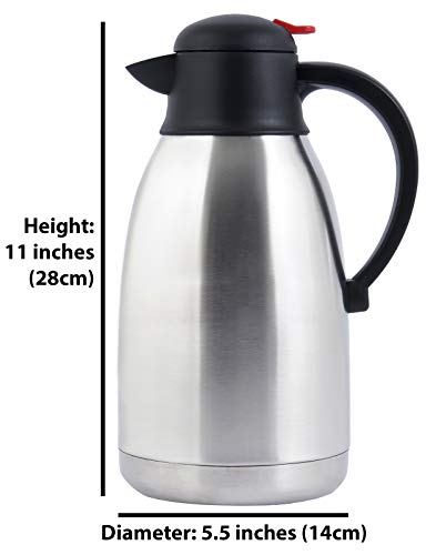 Premium Coffee Carafe Beverage Holder - 68 oz (2L) - Stainless Steel Double Walled with Vacuum Insulation - Keeps Beverages Warm for 12 Hours or Cold for 24 Hours - Easy to Handle - Silver