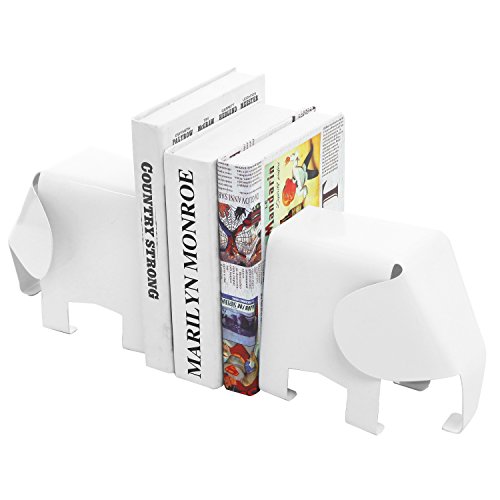Modern Elephant Shaped Decorative Metal Bookends, Office or Home Decorations, Set of 2, White