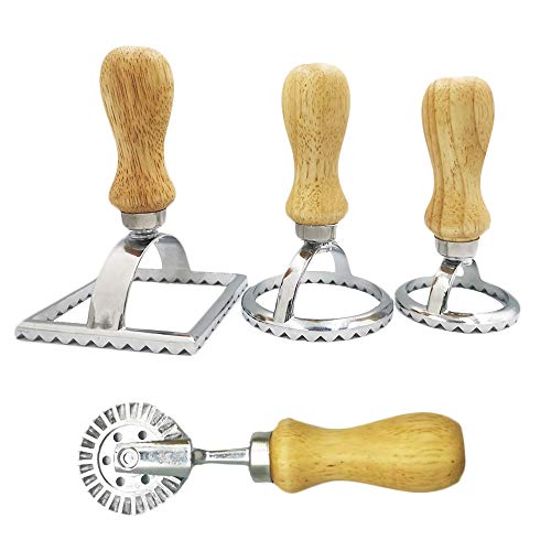 Ravioli Maker Cutter Stamps and Pasta Wheel Set Round & Square Shape Ravioli Masker with Wooden Handle and Fluted Edge, Pasta Press Kitchen Attachment,Set of 4