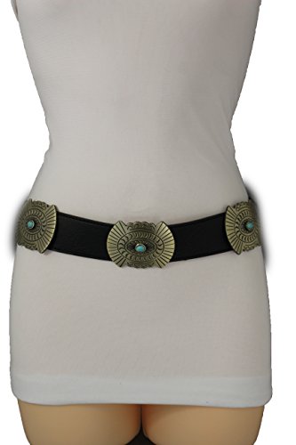 TFJ Women Western Concho Fashion Elastic Belt Hip Waist Gold Metal Charms S M Black