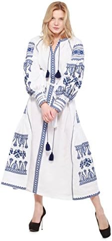 Embroidered Long Dress new woman. Vyshyvanka Ukrainian Boho Style Dress (L, 130cm white)