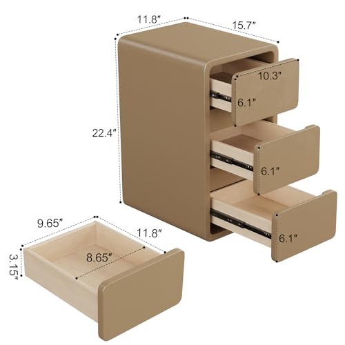 AQIMUELE Small Bedside Table Slim Bedside Table with 3 Drawers, Narrow Side Table Assembled with Leather Surface for Bedroom, 30cm (Khaki)