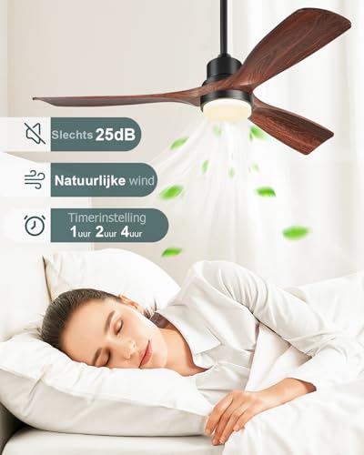 Forrovenco Ceiling Fan with Light and Remote Control, 52 Inch Strong Winds Silent Reversible DC Motor 3 Blades Wood Modern Design for Indoor Outdoor Patio Farmhouse, 52", Walnut