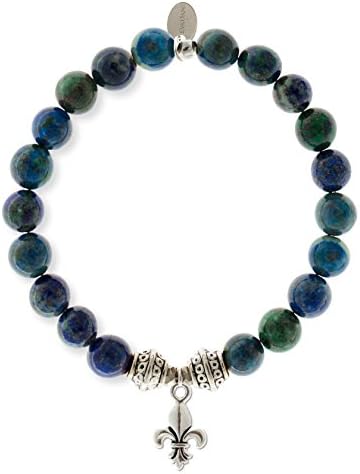 EvaDane Natural Malachite Gemstone Tibetan Bead Fleur de Lis Charm Stretch Bracelet - Size 7 Inch ( 1_MAL_S_T_FLE_7)