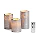LampLust Distressed Silver Flameless Candles with Warm White LEDs, Set of 3, Real Wax, Batteries & Remote Included