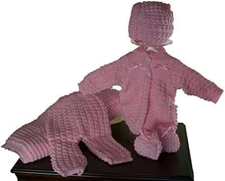 5 Pcs Knit Crochet Unisex Baby Set Blanket, Pants, Sweater, Bonnet, Booties, Size 0-3 Mo (Pink)