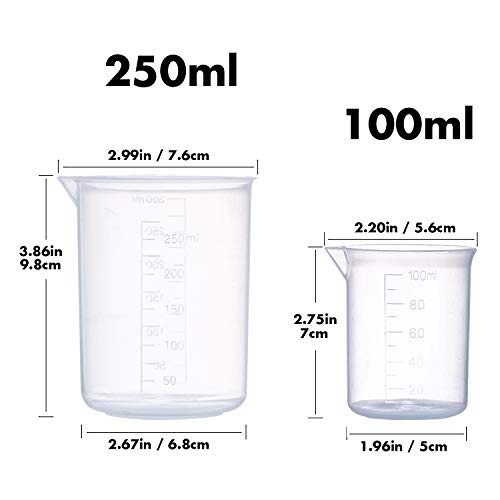 Plastic Beaker Set, 5 Sizes Low Form Measuring Graduated Griffin Polypropylene Beakers in 500 ml, 250 ml, 100 ml, 50 ml, 25 ml for Laboratory, Science Experiments with 5 Plastic Droppers in 3 ml。