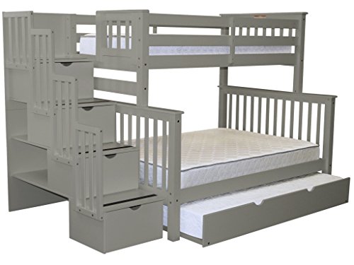 Bedz King Stairway Bunk Beds Twin over Full with 4 Drawers in the Steps and a Twin Trundle, Gray