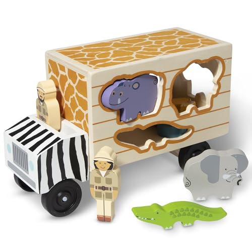 Melissa & Doug Wooden Shape Sorter Rescue Truck with Zoo & Safari Animals Toys for Kids | Wooden Puzzles for 2+ Year Olds | Montessori Toddler Animal Toys | Toddler Puzzles