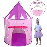 5pc Princess Tent for Girls Play Tent Princess Castle w Glow in the Dark Stars. Bonus Princess Dress up Tutu Costume set! Tent for Kids Children Princess Pink Play-house Pop Up Tent, by Hide-n-Side