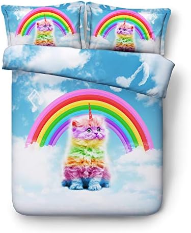 KTLRR Unicorn Cat Duvet Cover Set,Cloud Rainbow Colorful Cat Bedclothes,Kids Adults Bed Home Decorative 3 Piece Bedding Set,Modal Cotton,No Comforter, Twin 3pcs