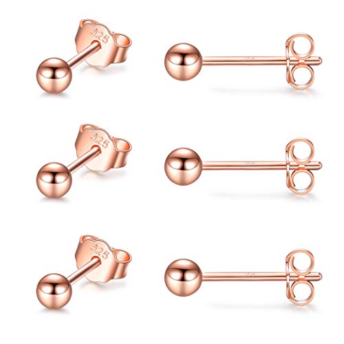Sterling Silver Stud Earrings for Women Girls Men- 3 Pairs 3mm Tiny Ball Stud Earrings Round CZ Earrings Pearl Earrings Set Cartilage Small Tragus Earrings (3 Pairs-Round Ball Earrings(Rose Gold)) - Thumbnail 2